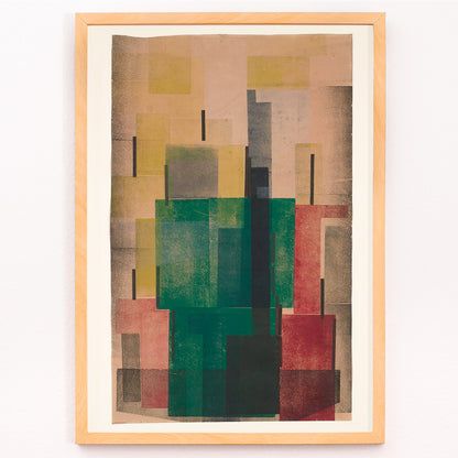 Closeup detail of Abstract geometric poster with overlapping green red and yellow rectangular shapes by Hendrik Nicolaas Werkman titled Rectangular Surfaces