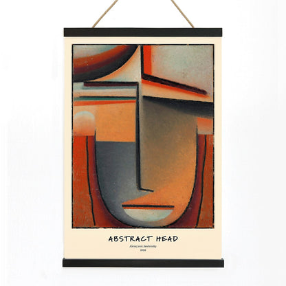 Abstract Head Tragic by Alexej von Jawlensky geometric abstract painting and poster with warm tones and stylized face, with wooden magnetic frame on white background