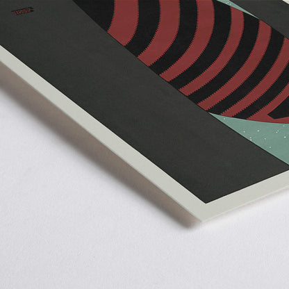 Closeup detail of Julius Klinger Theater exhibition at the zoo poster with red and black striped figure on teal background