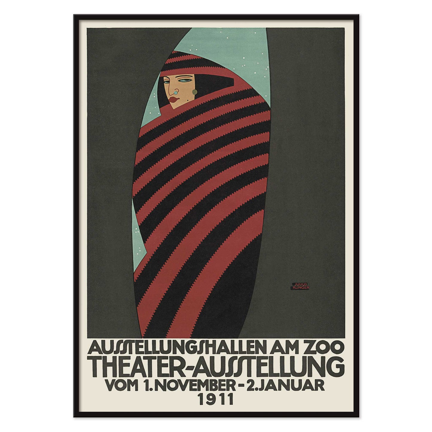 Julius Klinger Theater exhibition at the zoo poster with red and black striped figure on teal background, with black aluminium frame on white background