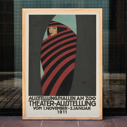 Julius Klinger Theater exhibition at the zoo poster with red and black striped figure on teal background, framed and displayed in home decor