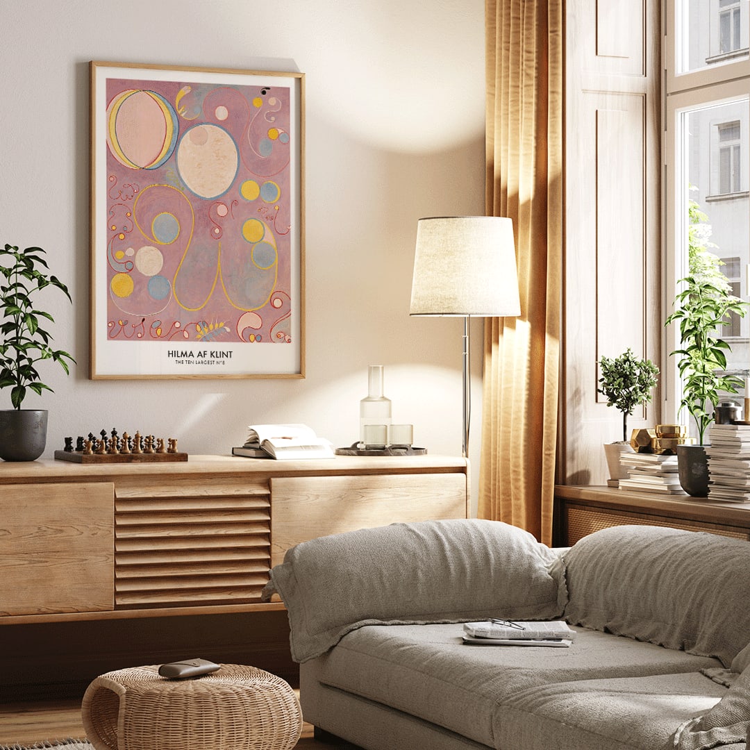 Abstract colorful swirls and pastel shapes on pink background painting and poster from The Ten Largest Adulthood by Hilma AF Klint, framed and displayed in home decor