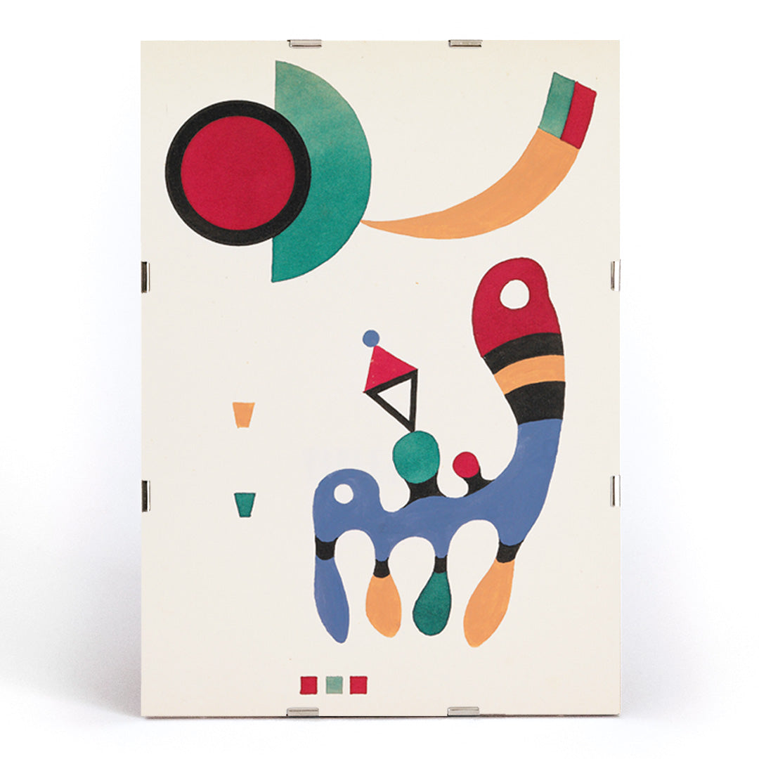 Abstract colorful geometric shapes artwork by Wassily Kandinsky from 11 tableux et 7 poemes poster for wall decor, framed and displayed in modern living room decor