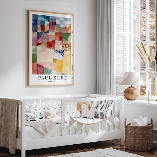 Colorful abstract geometric poster inspired by Motif from Hammamet painting by Paul Klee perfect for art lovers and modern decor, framed and displayed in home decor