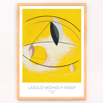 Closeup detail of Abstract geometric yellow and white shapes with curved lines artwork Gal Ab I by Laszlo Moholy Nagy poster for wall decor