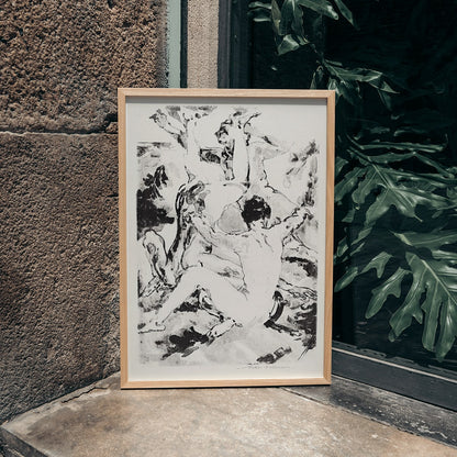 Three acrobats in dynamic abstract black and white style by Arthur Bowen Davies poster depicting figures in motion, framed and displayed in modern living room decor