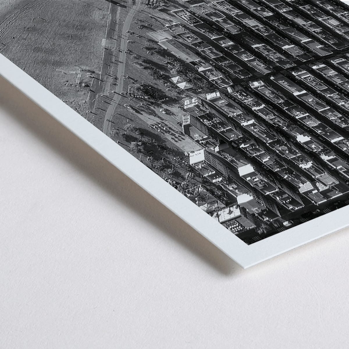 Closeup detail of Aerial cityscape and black and white poster of Barceloneta beach and city grid aerial view
