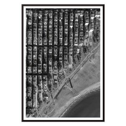 Aerial cityscape and black and white poster of Barceloneta beach and city grid aerial view, with black aluminium frame on white background