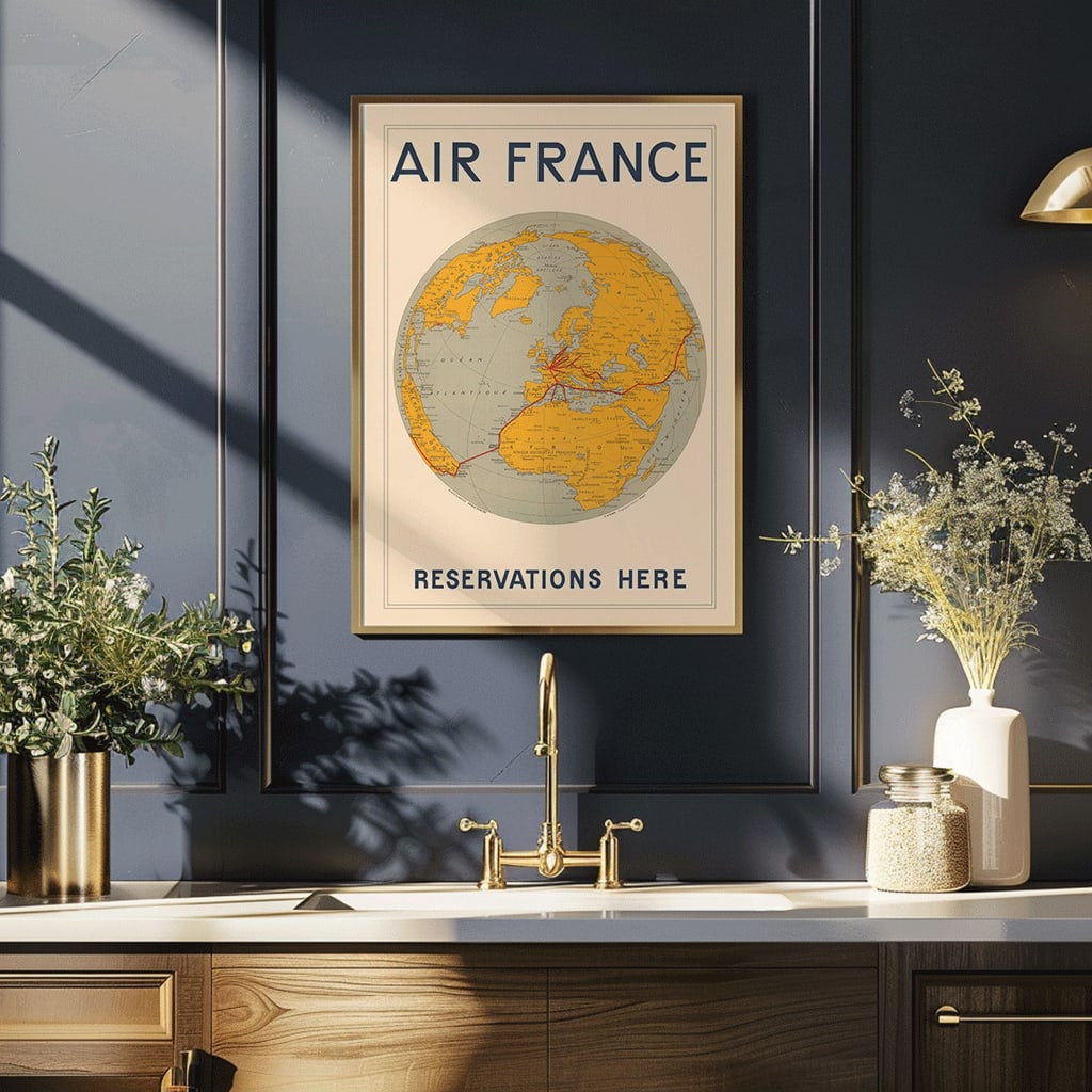 Vintage Air France travel poster by E Giraud showing world map with airline routes highlighted in red, framed and displayed in home decor