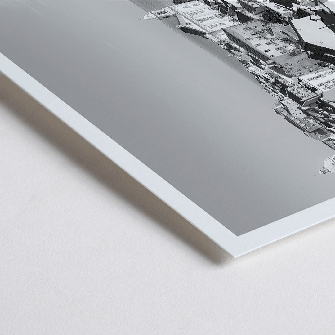 Closeup detail of Black and white landscape poster of Alfama Lisbon Old City with traditional buildings and Tagus River by artist Alfama Lisbon