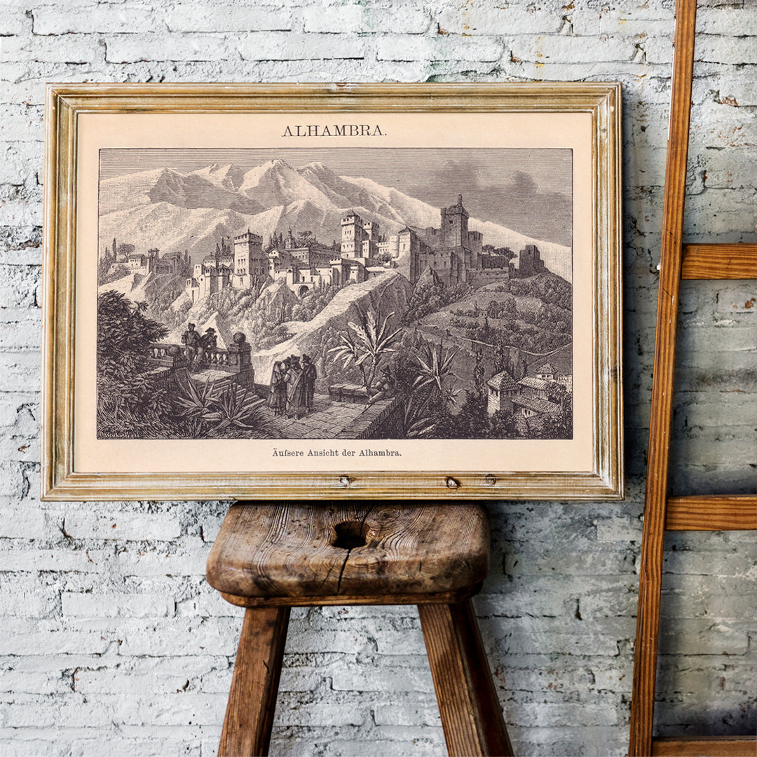 Vintage illustration poster of Alhambra palace with mountains and vegetation by The Institute of Liepzig, framed and displayed in home decor