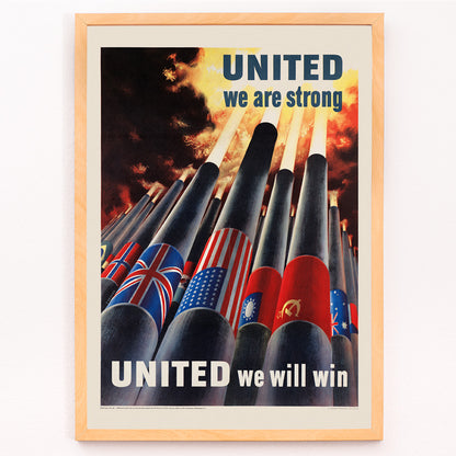 Closeup detail of Allied nation flags on artillery cannons in fiery sky with text United we are strong United we will win by Henry Koerner