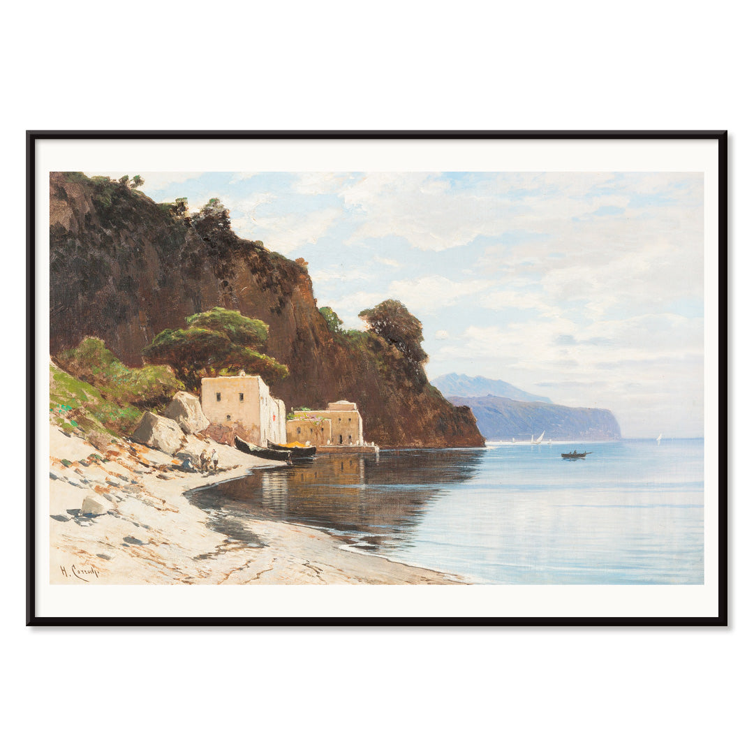 Amalfi Coast landscape with boats cliffs buildings and calm sea by Hermann David Salomon Corrodi, with black aluminium frame on white background