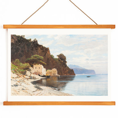 Amalfi Coast landscape with boats cliffs buildings and calm sea by Hermann David Salomon Corrodi, with wooden magnetic frame on white background