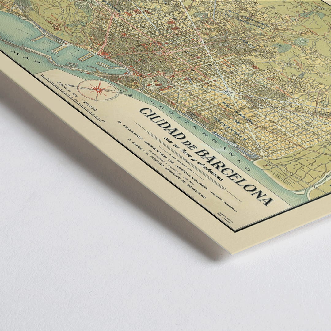 Closeup detail of Antique map of Barcelona by D Francisco Coello and D Antonio Sans poster titled Ciudad de Barcelona with detailed city streets and surrounding areas