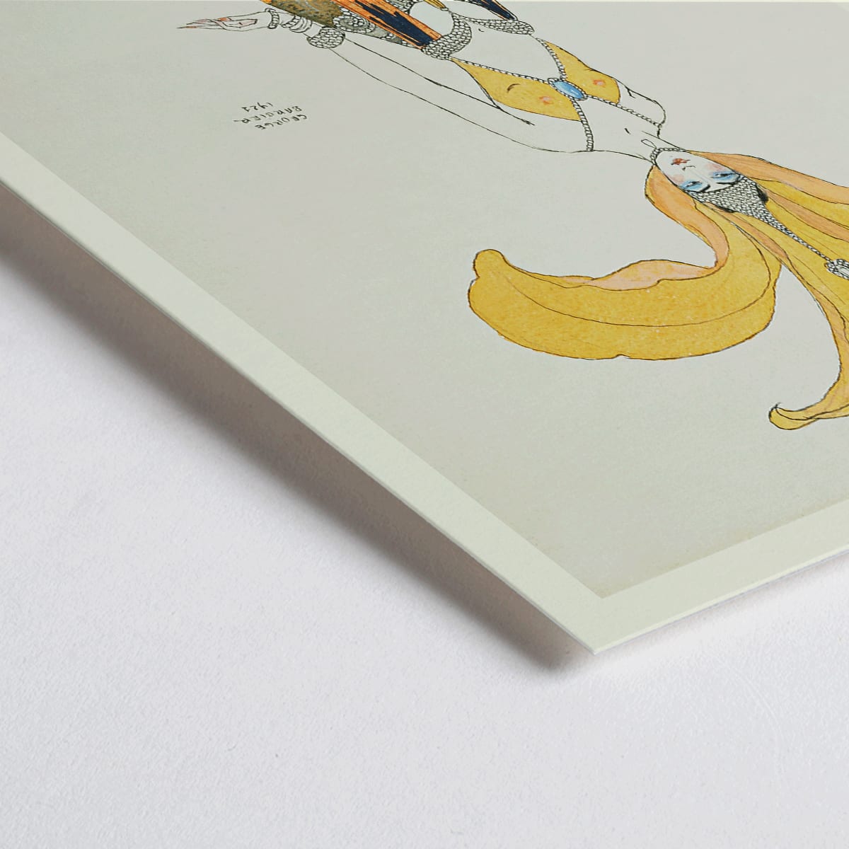 Closeup detail of Elegant oriental dancer in elaborate orange costume with headdress from Danseuse en costume oriental by George Barbier poster