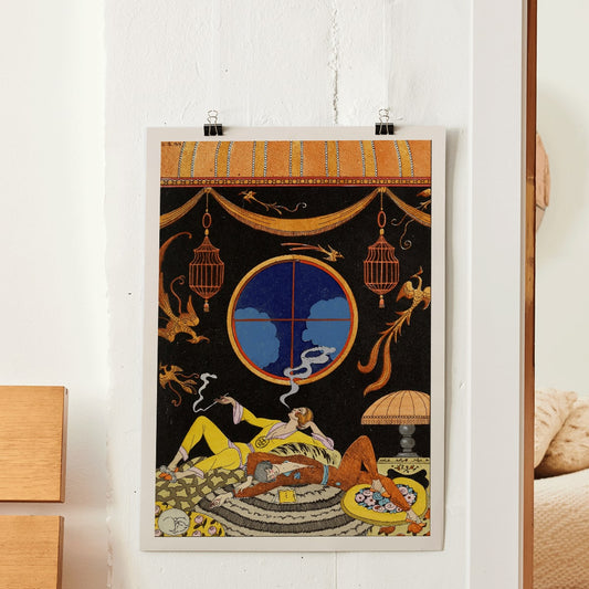 Elegant Art Deco interior with two figures lounging Falbalas et fanfreluches La paresse by George Barbier, framed and displayed in home decor