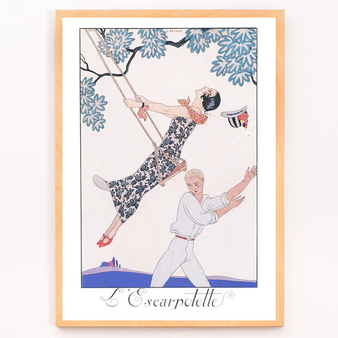 Closeup detail of Art Deco poster of a woman on a swing with a man beneath under a tree from LEscarpotette by George Barbier