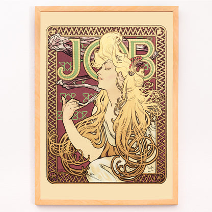 Closeup detail of Art Nouveau poster of elegant woman with flowing hair holding a cigarette and decorative patterns by Alphonse Mucha