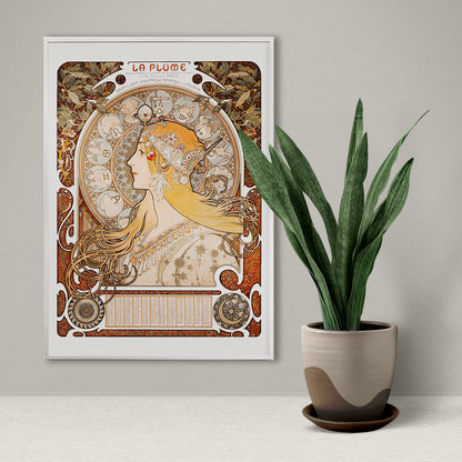 Art Nouveau poster Zodiaque or La Plume by Alphonse Maria Mucha featuring a woman with long hair and zodiac symbols, framed and displayed in home decor