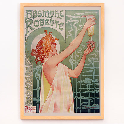 Closeup detail of Art Nouveau poster Absinthe Robette by Privat-Livemont featuring a woman holding a glass of absinthe with stylized smoke