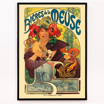 Closeup detail of Art Nouveau poster of a woman with flowers in her hair holding a beer glass Bières De La Meuse by Alphonse Mucha