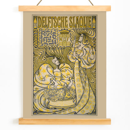 Poster of two women in flowing dresses with decorative swirling patterns and a salad oil bottle Delft Salad Oil by Jan Toorop, with wooden magnetic frame on white background