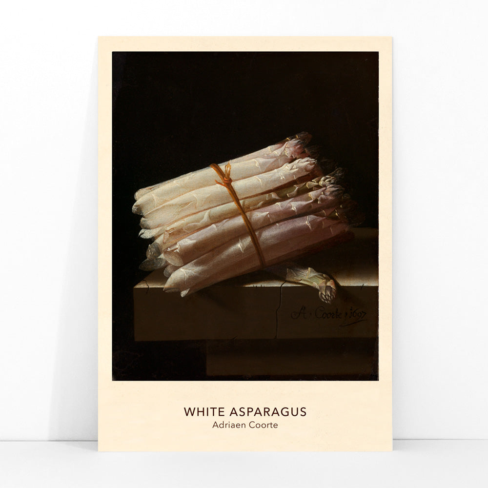 Still life painting of white asparagus on a table by Adriaen Coorte poster artwork, framed and displayed in modern living room decor