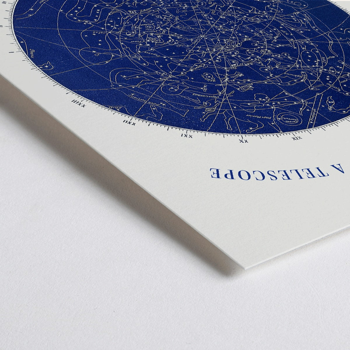 Closeup detail of Star map and poster of constellations titled Astronomy without a Telescope by Elias Colbert featuring celestial star chart in blue