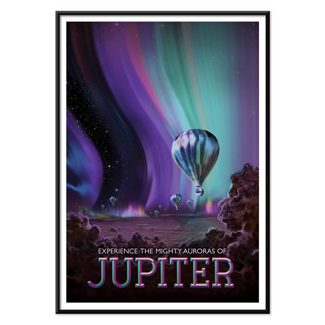 Hot air balloons under vibrant colorful auroras on Jupiter artwork by NASA space travel poster, with black aluminium frame on white background