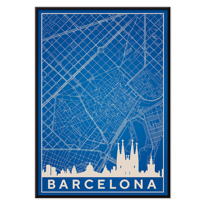 Minimalist blue and white map of Barcelona by Moryarty featuring iconic landmarks street layout and skyline poster titled Minimalist Map of Barcelona 2, with black aluminium frame on white background