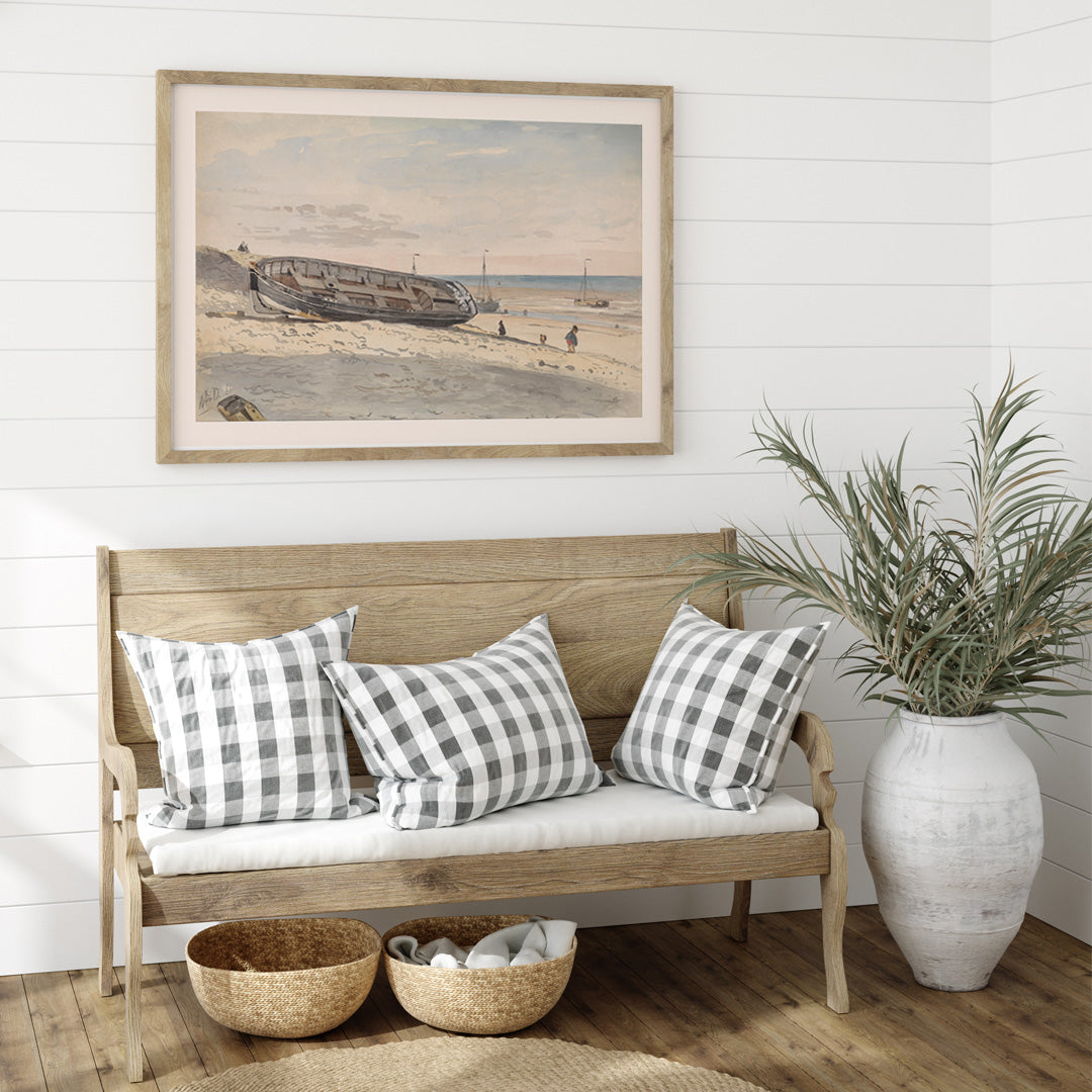 Beached barges and figures on sandy shore with distant boats Barges on the beach by Willem Anthonie van Deventer painting, framed and displayed in home decor