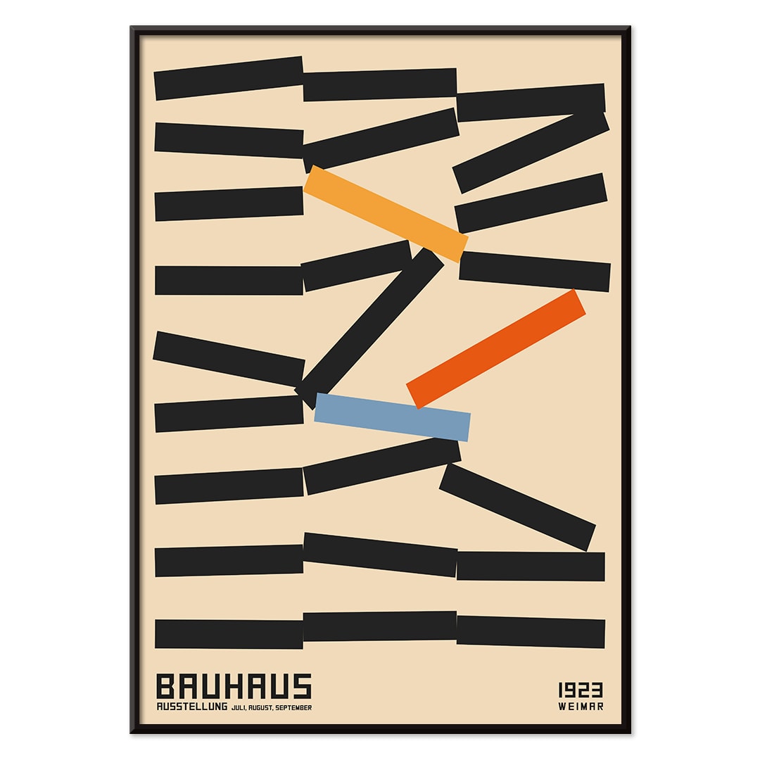 Bauhaus Poster 5 by Kandinsky with abstract geometric design in black orange and blue inspired by Weimar Exhibition on beige background, with black aluminium frame on white background