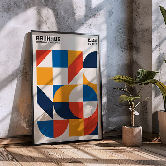 Bauhaus Poster 19 with bold colors geometric shapes squares and circles modern wall art, framed and displayed in home decor