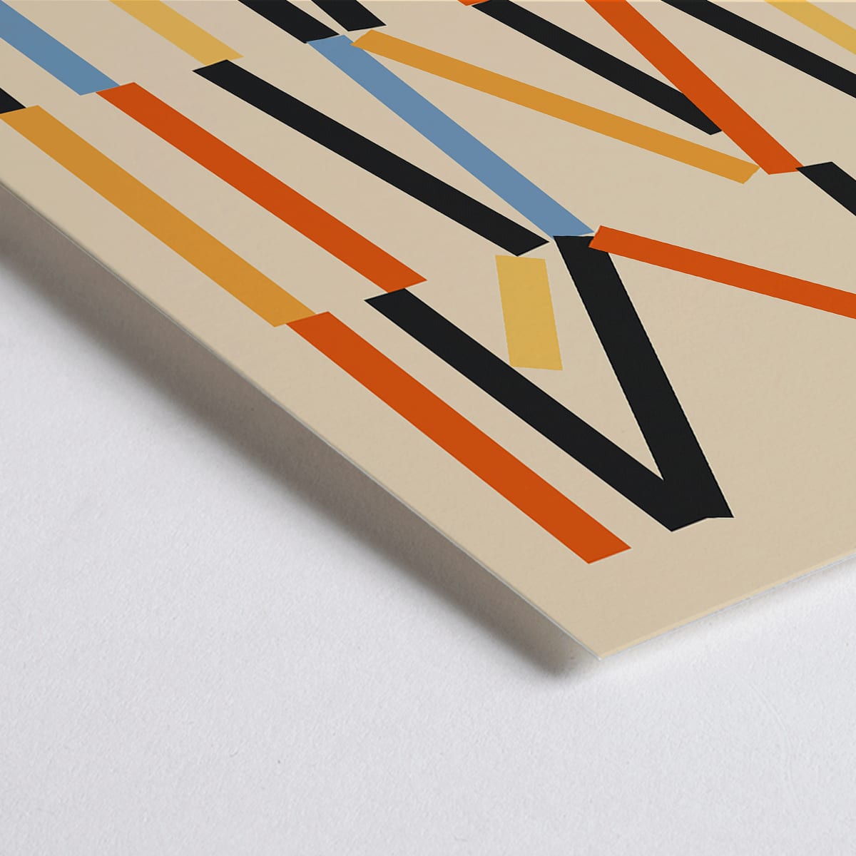 Closeup detail of Bauhaus Poster 6 by designer with abstract geometric vertical lines in black orange and blue on beige background inspired by Weimar Exhibition