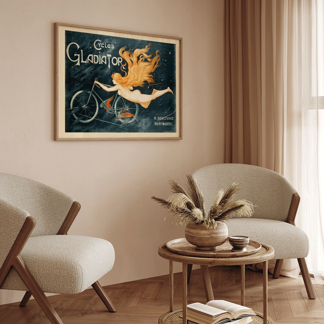 Vintage poster of a nude woman with flowing hair flying beside a bicycle in a starry space Cycles Gladiator by C B, framed and displayed in home decor