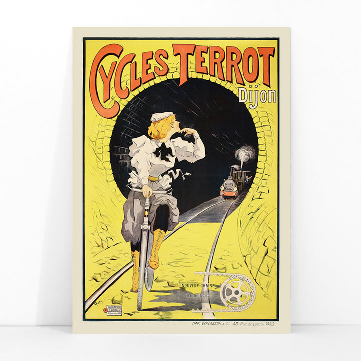 Vintage poster of a woman riding a bicycle in a tunnel with a train approaching Cycles Terrot Dijon artwork, framed and displayed in modern living room decor