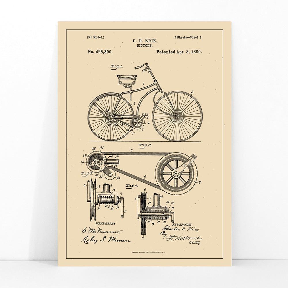 Bicycle technical illustration and mechanical parts drawing by C D Rice from Bicycle patent displayed on vintage background, framed and displayed in modern living room decor