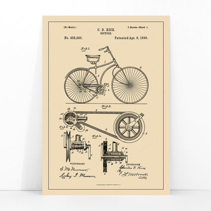 Bicycle technical illustration and mechanical parts drawing by C D Rice from Bicycle patent displayed on vintage background, framed and displayed in modern living room decor