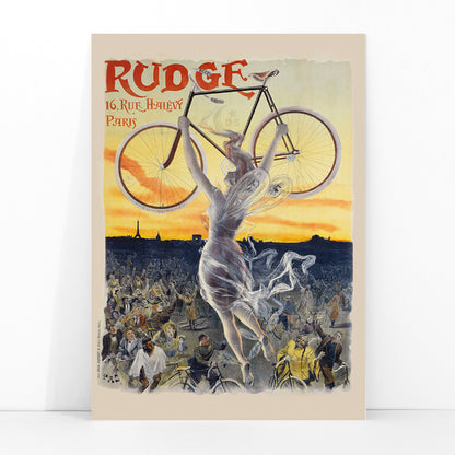 Vintage bicycle poster by Jean de Paleologue showing a triumphant figure and a woman holding a bicycle above a crowd at sunset for Rudge bicycle brand, framed and displayed in modern living room decor
