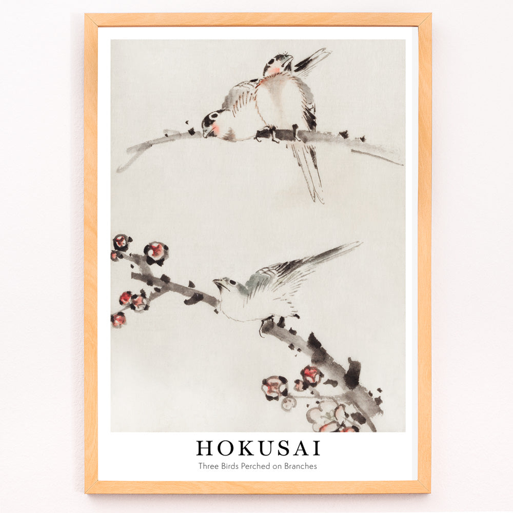 Closeup detail of Three birds perched on branches with blossoms watercolor painting and poster artwork by Katsushika Hokusai
