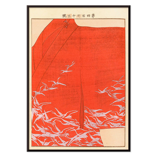 Seikō Ueno Yachigusa volume 15 plate 23 poster featuring white birds flying on vibrant red background artwork, with black aluminium frame on white background