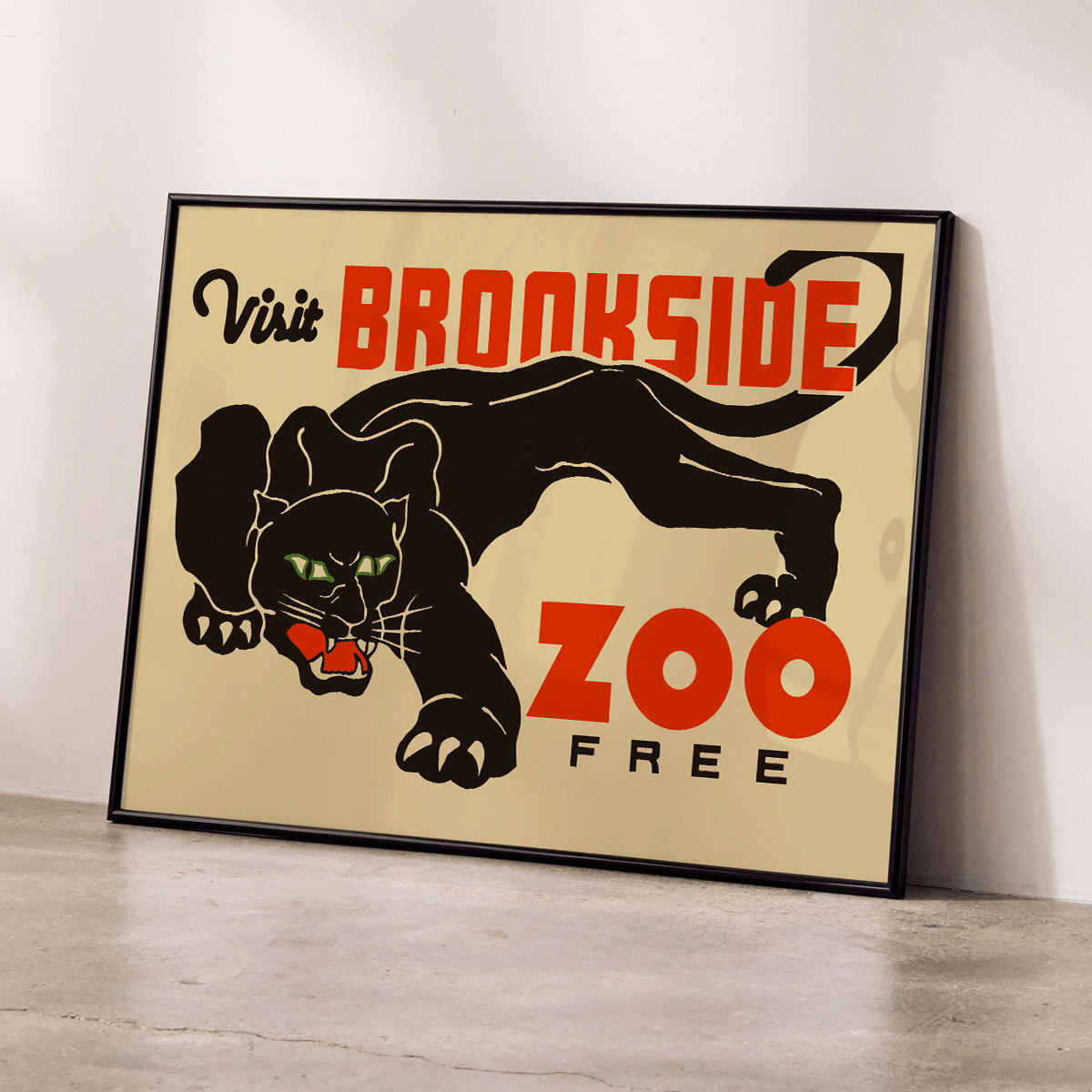 Visit Brookside Zoo poster featuring a black leopard illustration by Carken with the text Visit Brookside Zoo Free, framed and displayed in home decor