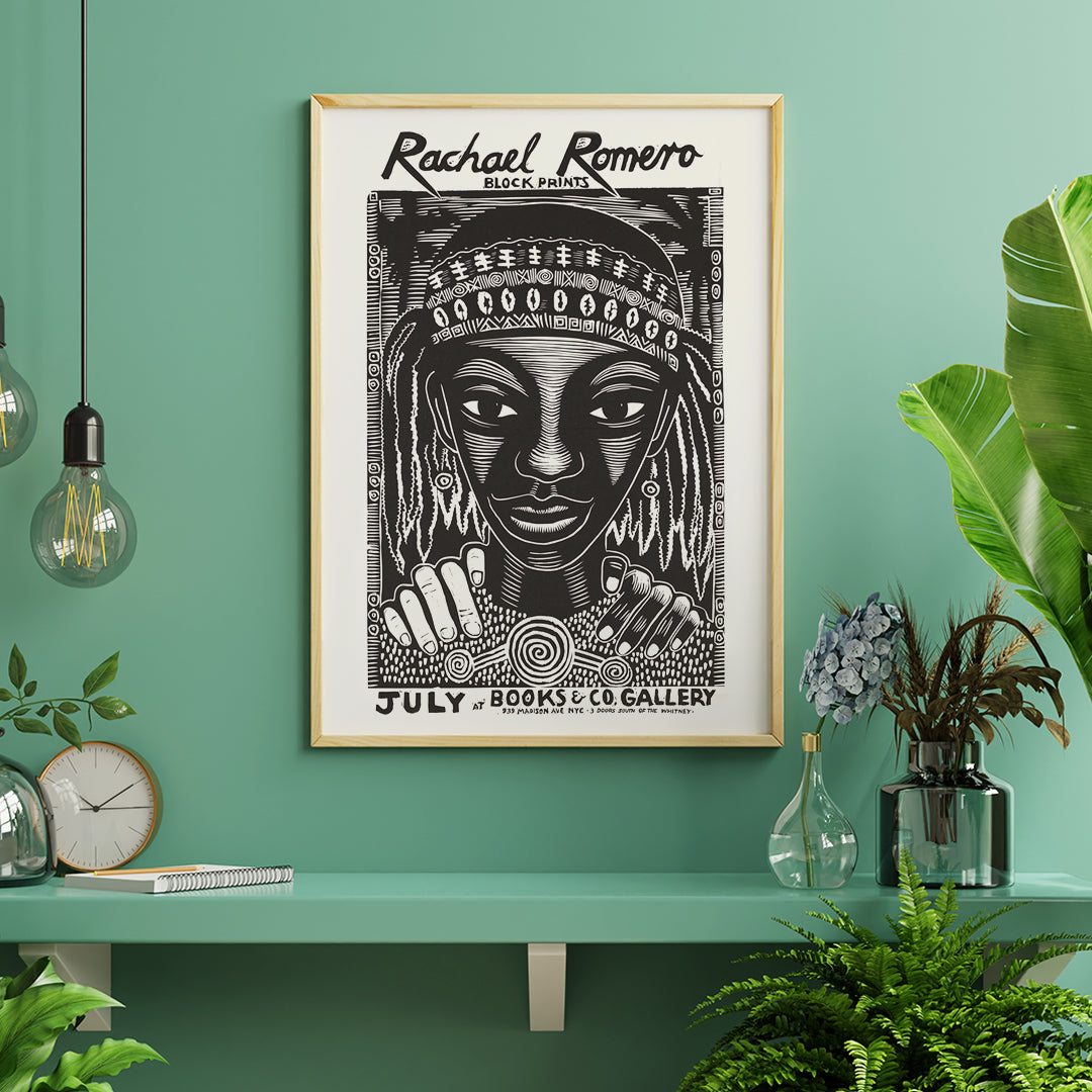 Black and white portrait block print poster with intricate patterns by Rachael Romero at Books and Co gallery, framed and displayed in home decor