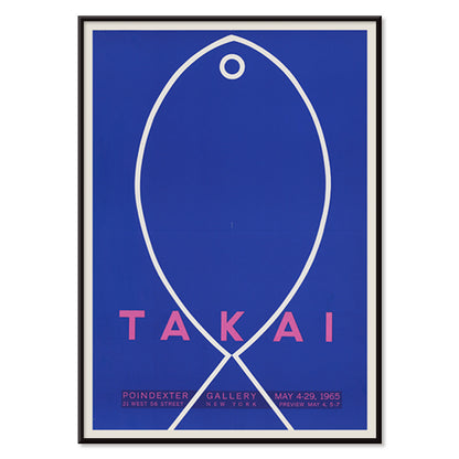 Minimalist blue and white fish outline artwork poster on blue background with Takai exhibition details by Teiji Takai, with black aluminium frame on white background
