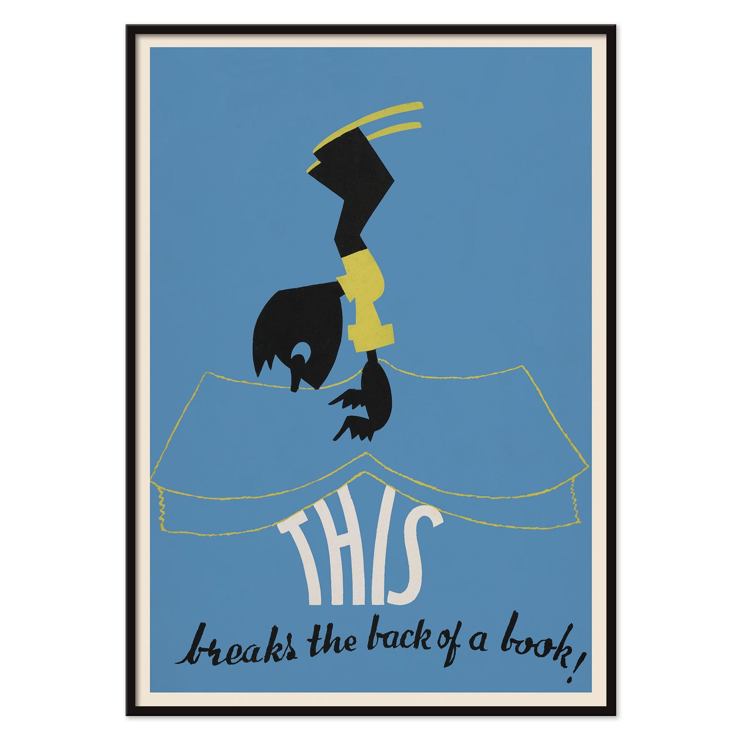 Arlington Gregg This breaks the back of a book poster blue field black figure cream book shape minimalist art print, with black aluminium frame on white background