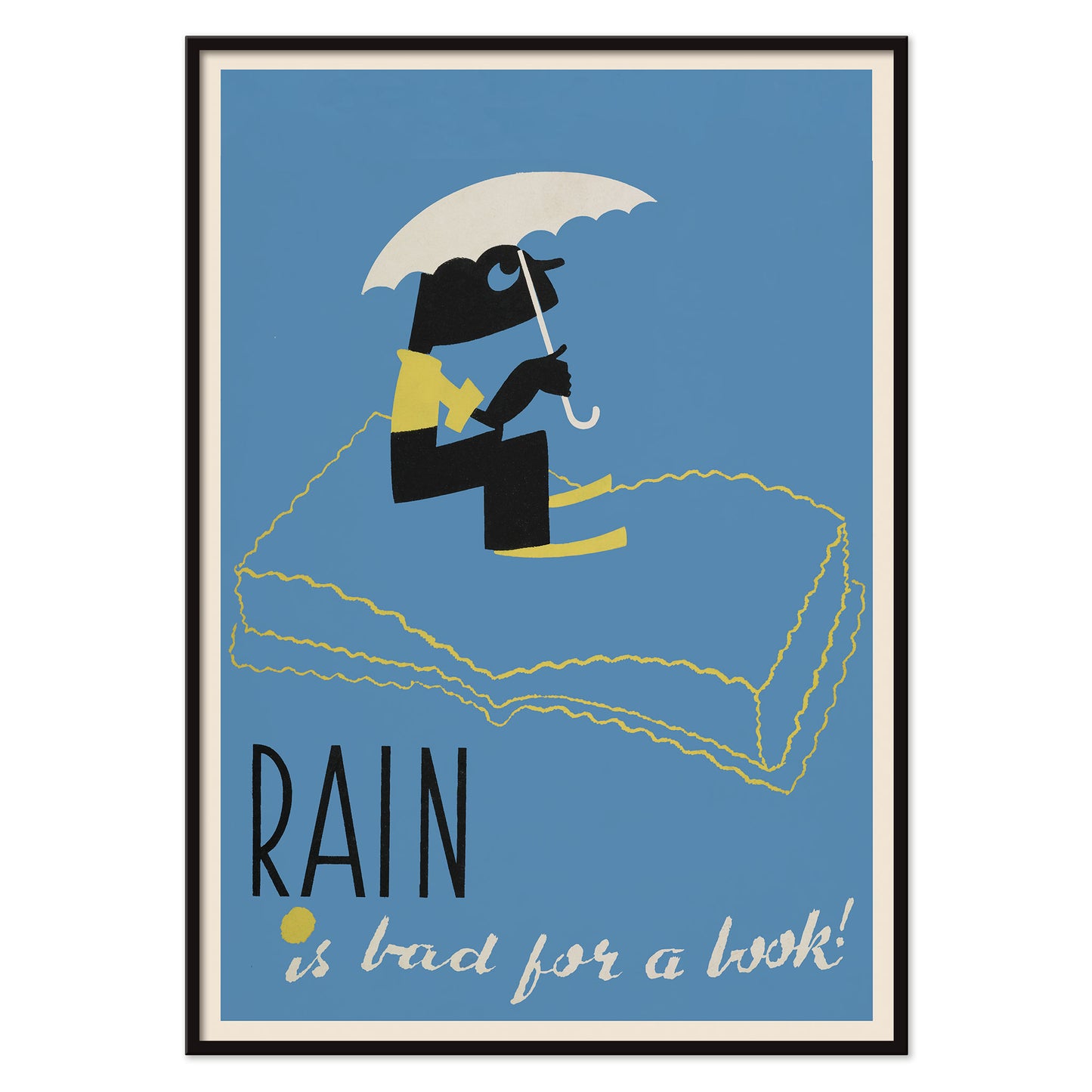 Arlington Gregg Rain Is Bad for a Book poster blue minimalist figure under white umbrella above book, with black aluminium frame on white background