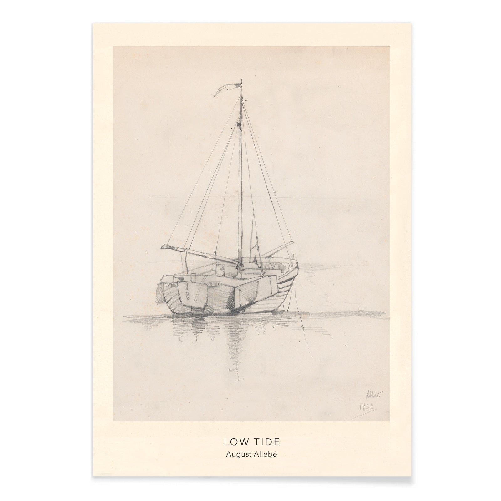 Pencil drawing poster of a sailboat at low tide on calm water artwork Low Tide by August Allebe, with black aluminium frame on white background