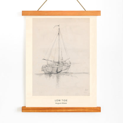 Pencil drawing poster of a sailboat at low tide on calm water artwork Low Tide by August Allebe, with wooden magnetic frame on white background