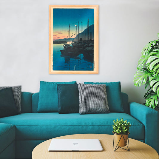 Boats docked at sunrise in a tranquil harbor with mountains in the background Morning in Beppu by Kawase Hasui, framed and displayed in home decor